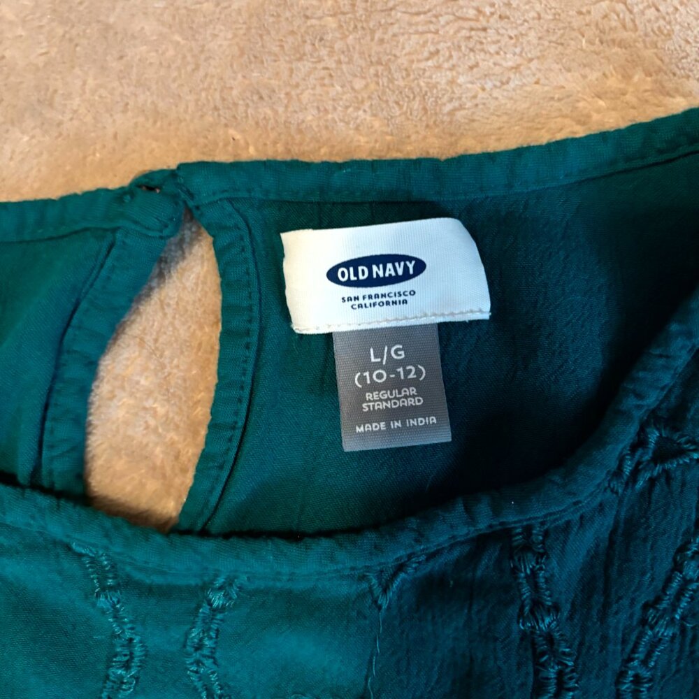 Old Navy Girls Boho Dress Teal Green Embroidered Bell Sleeve Size L 10–12 - Picture 2 of 5